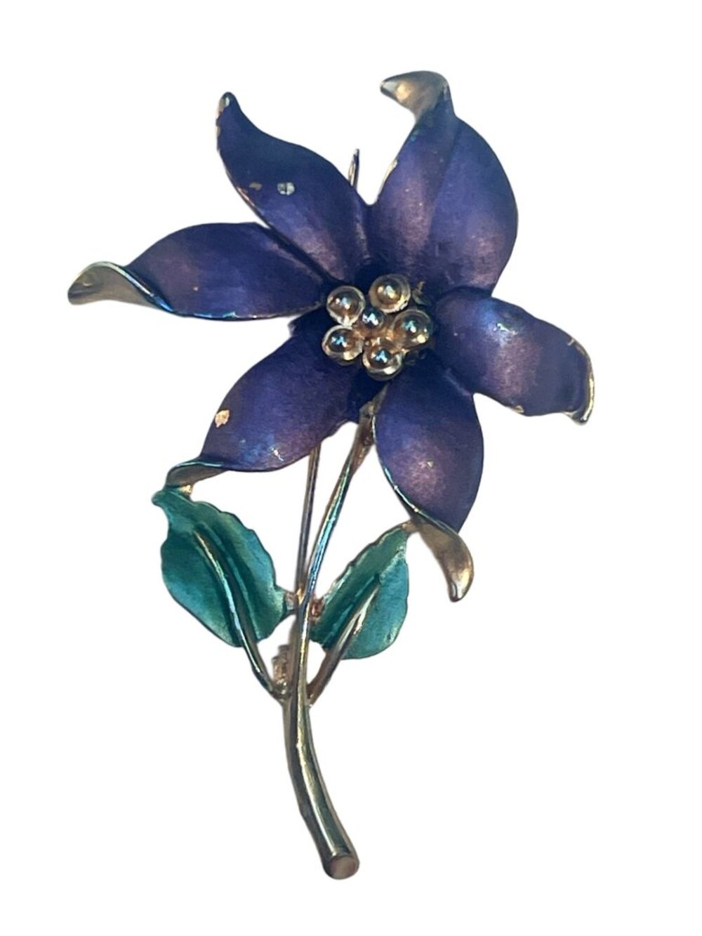Vintage Purple Flower Brooch With Gold & Green Enamel Accents 4.25" Length